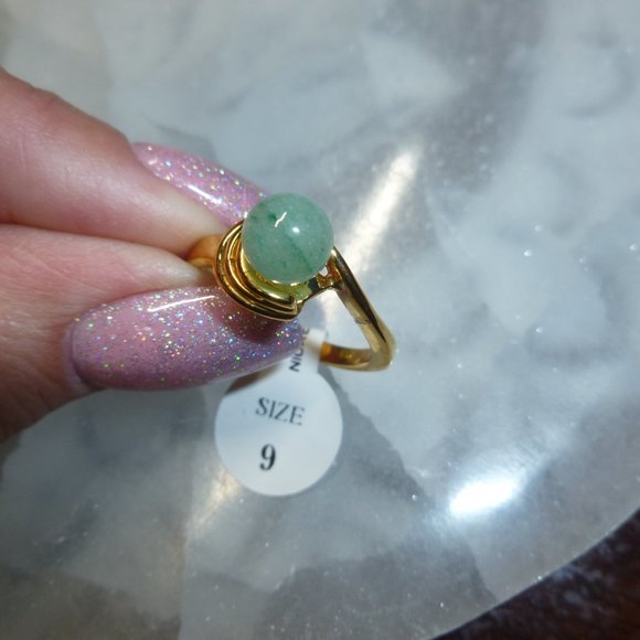 18k Yellow Gold EP Green Aventurine Dolphin Ore Ring - Picture 7 of 10